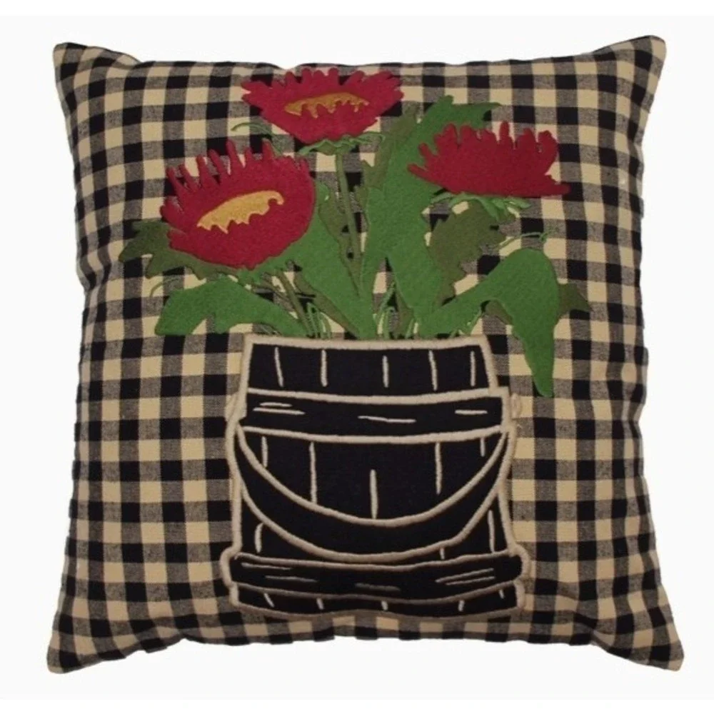 Primitive Flowers in Firkin Pillow Black Plaid Red Flowers 14